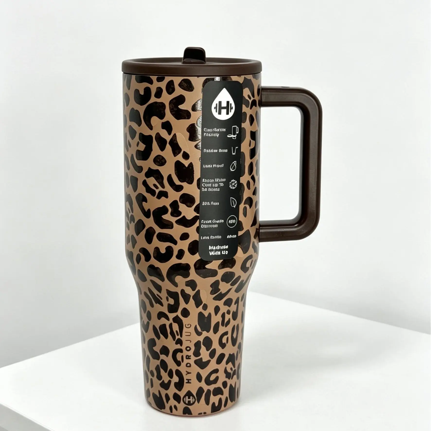 HydroJug 40oz Leopard Print Stainless Steel Insulated Flask - Premium Portable Bottled Drinkware, 24-Hour Cold Retention, Sturdy Handle - Ideal for Gym, Adventures