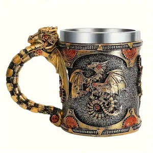 Steampunk Mechanical Dragon Resin Beer Mug with Stainless Steel Liner, Industrial Gothic Decorative Tankard, Unique Gift for Fantasy Fans