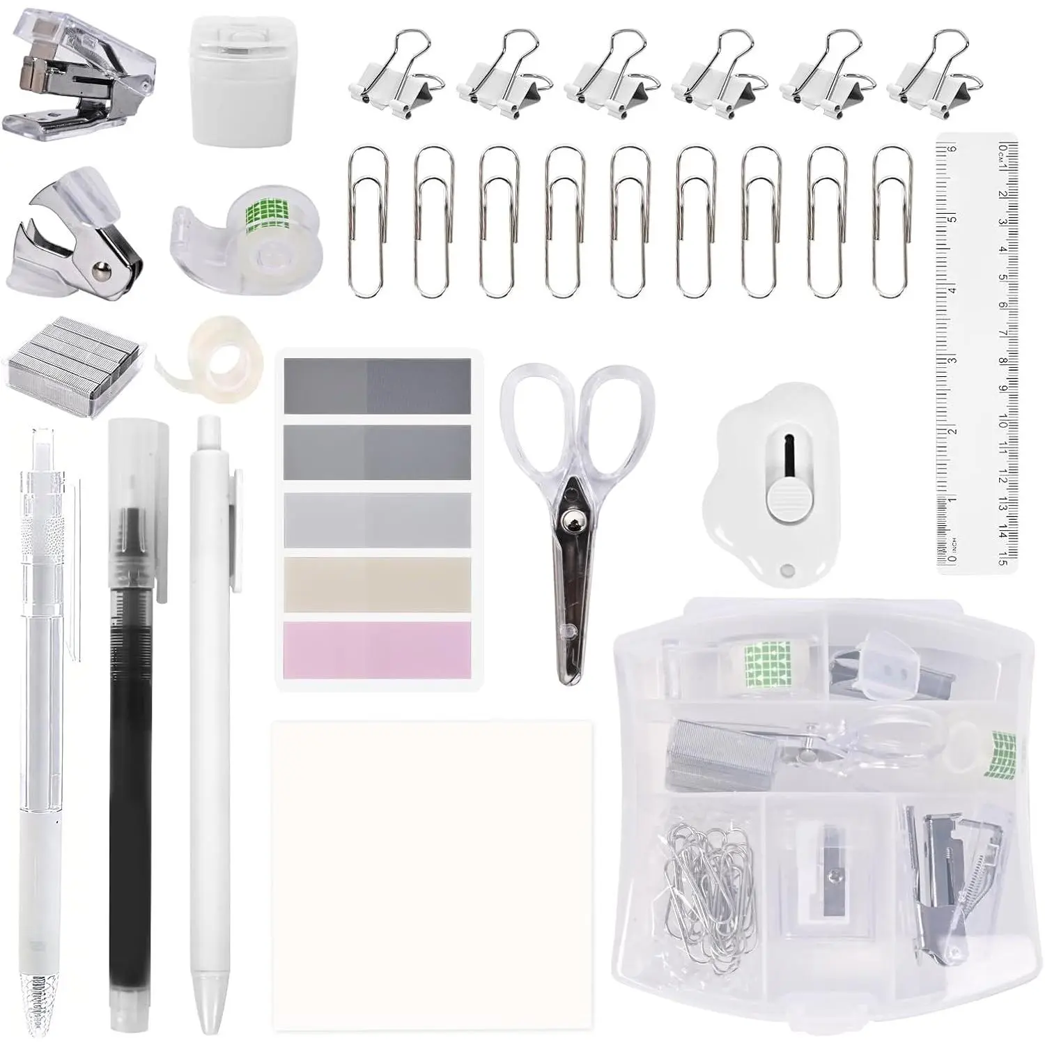Mini Office Supply Kit, Mini Stapler with Staples and Tape Dispenser Set, Mini Stationary Kit Includes Sticky Notes Index Tabs Gel Pens for Office & School (Transparent)