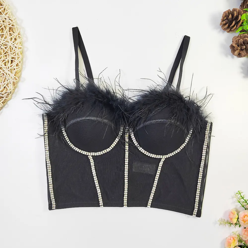 Sexy Feather Trim Corset Top, Sleeveless Rhinestone Bustier with Fishbone Structure for Women's Rave Party Outfits