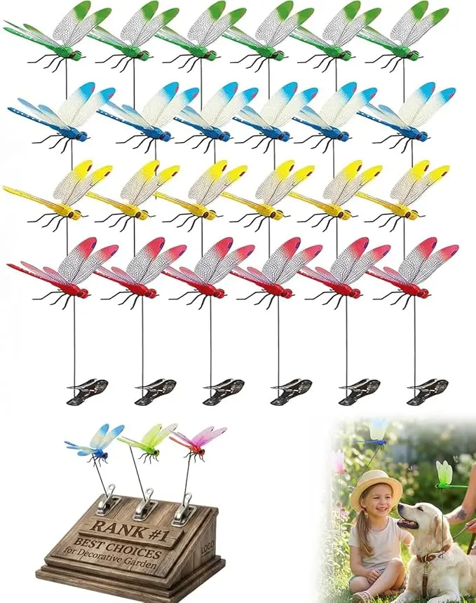 24PC Realistic Fake Dragonfly Clips - Bug Repellent, Wasp Deterrent, Small Bird Device, Clip-On Garden Stakes Decor for Outdoor Home Care Supplies