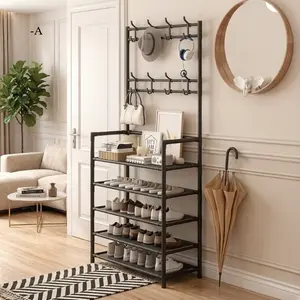 2.0 upgraded multi-purpose vertical shoe cabinet, black and white simple atmosphere, 5 layers of metal material with 8 practical hooks; five-layer design can accommodate 15 pairs of shoes, Adjustable shoe rack, and Mother's Day gifts are preferred.