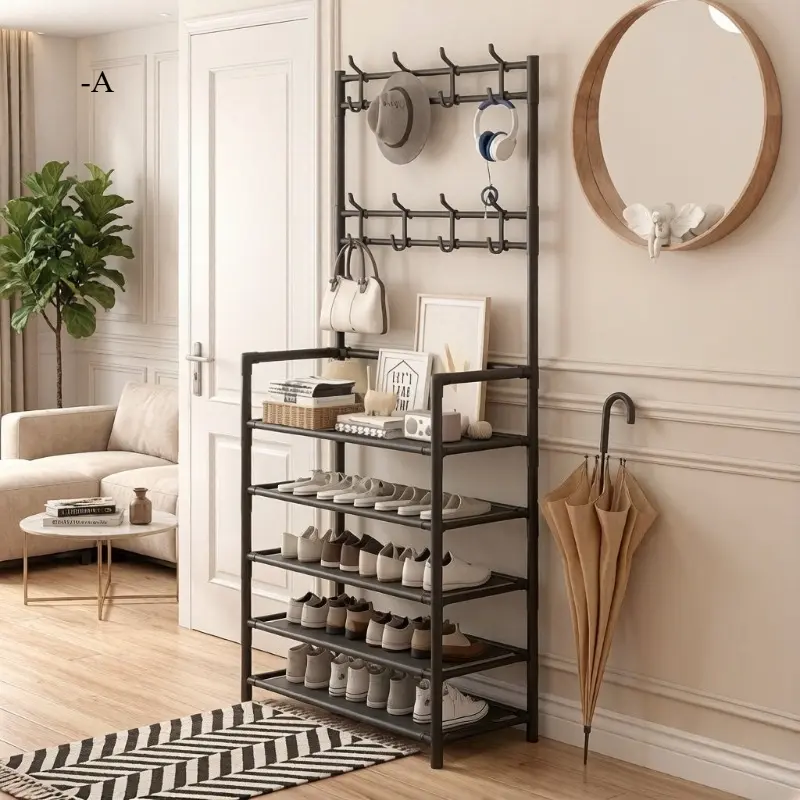 2.0 upgraded multi-purpose vertical shoe cabinet, black and white simple atmosphere, 5 layers of metal material with 8 practical hooks; five-layer design can accommodate 15 pairs of shoes, and Mother's Day gifts are preferred.