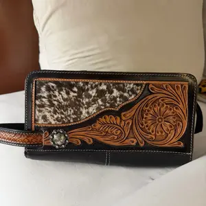 Western Leather Wallet with Cowhide Accents Handcrafted Floral Design and Silver Concho