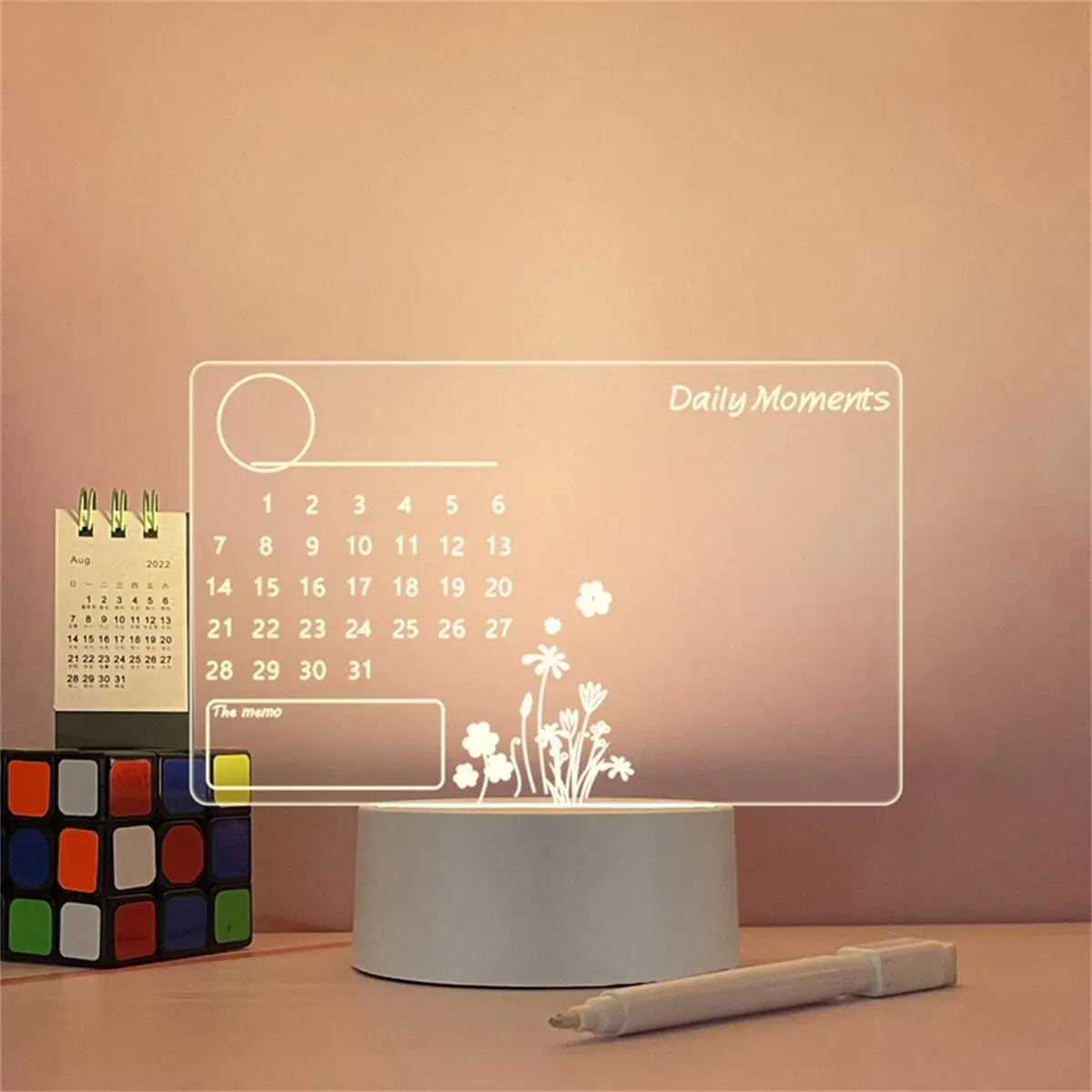 Acrylic Message Board With Night Light, 1 Count 1 Count USB Powered Desktop Calendar/Blank Message Board & Pen, Home & Office Desk Supplies