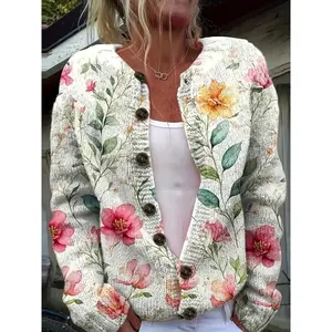 Women'S 3D Floral Print Cardigan - Vibrant Floral Lightweight Long Sleeve Sweater, Crew Neck Polyester Knit With Buttons Fabric Knitwear Casual Womenswear Tops Knitting