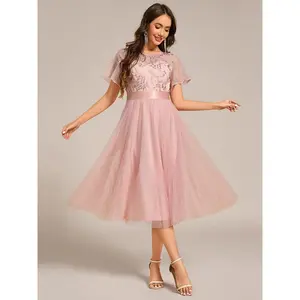Ever-pretty Embellished Tulle Midi Junior Bridesmaid Dress with Sheer Sleeves 02293 Light Garment