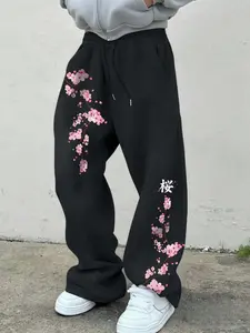 Japanese Streetwear Cherry Blossom Graphic Sweatpants - Oversized Aesthetic Joggers for Men & Women, High Waisted Loose Track Pants for Daily Casual & Street Style Outfits