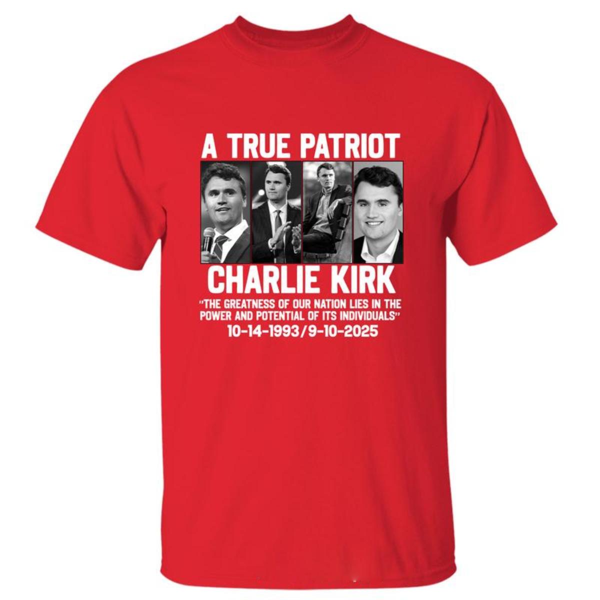 A True American Patriotic Charlie Kirk The Greatness of Our Nation T-Shirt, Wear Red on October 14th as Charles James Kirk Day Tee, Charlie Kirk Birthday Tee, Front Side Graphic Design Unisex Cotton T-shirt for Men for Women Menswear Womenswear