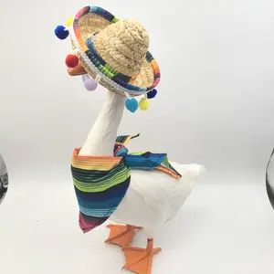 Pet Duck & Goose Sombrero Hat & Scarf Set, Colorful Straw Hat with Pom-Poms & Striped Design for Decor