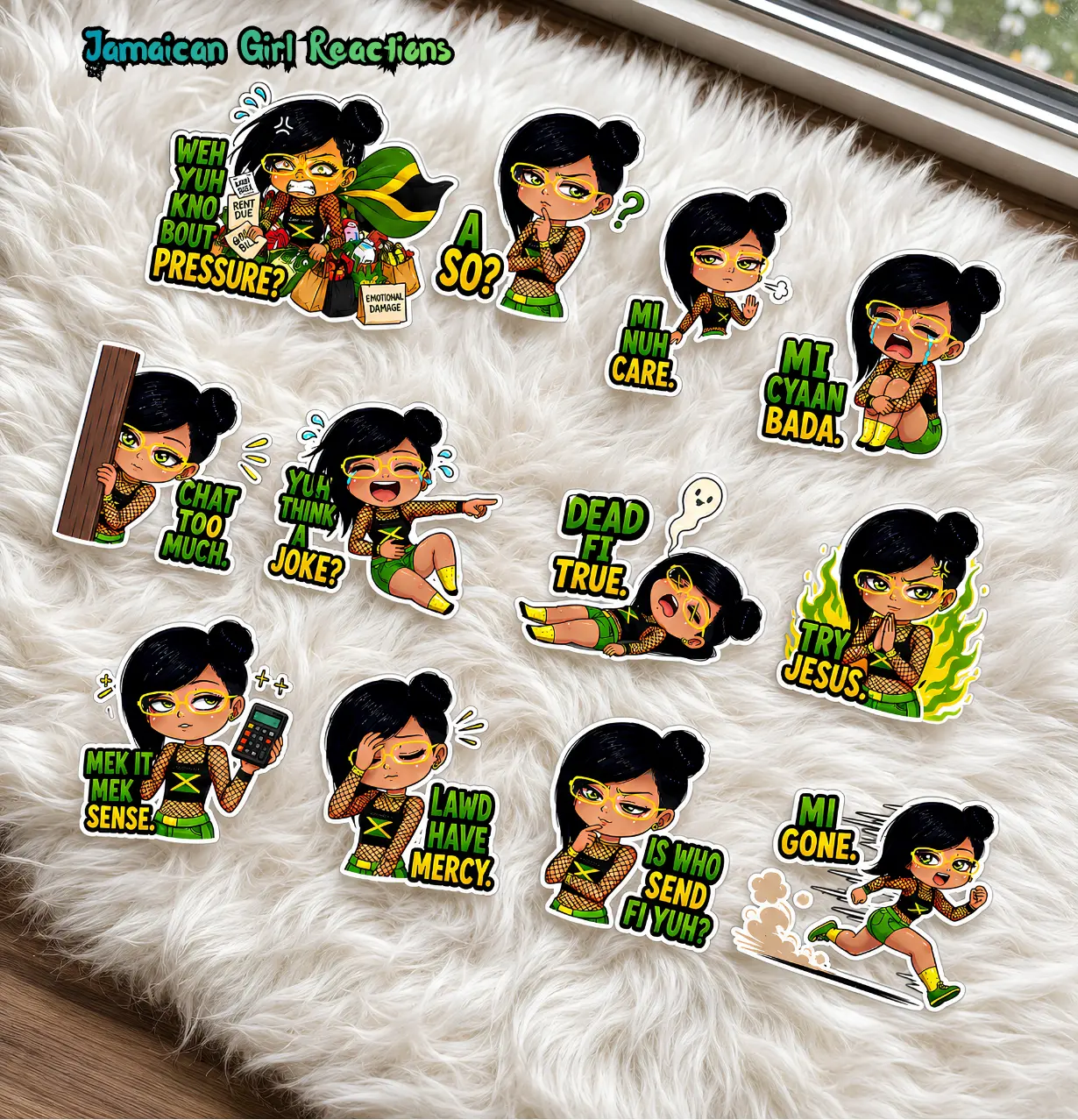 JM Reaction Sticker Flakes (12 PCS) - Humor, Vibrant Cartoon Character-Based Scrapbooking & Stamping Supplies with Iconic Jamaican Phrases for DIY Toys & Hobbies