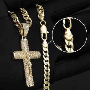 14K real gold-plated Cuban chain, Figaro chain, Miami cross chain, with Jesus Christ cross pendant, length 24inch, width 6mm, hand-polished and multi-electroplated for daily wear