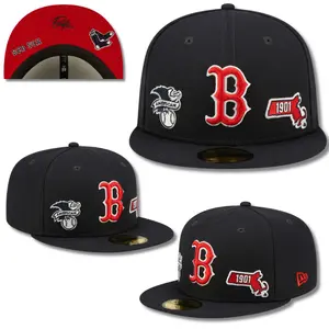 Boston Red Sox New Era 59FIFTY Fitted Baseball Cap – Black Flat Brim Hat with Red “B” Logo, Red Undervisor & Heritage Side Patches, Premium MLB Streetwear
