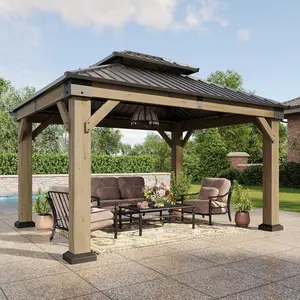 Aoxun Permanent Cedar Wood Gazebo - 10'x10'/12'x10' Outdoor Patio Furniture, Galvanized Steel Double Hardtop, for Patio, Garden, Grey Pavilion