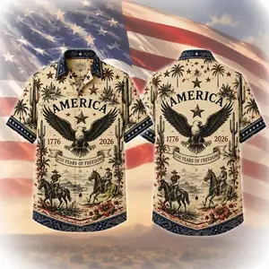 Western Americana Hawaiian Shirt, Patriotic Eagle & Cowboy Print, 250 Years of Freedom, America 1776 2026, 4th of July Summer Shirt for Men #   TikTokMadeMeBuyIt #   TikTokShop #   USA 250th
