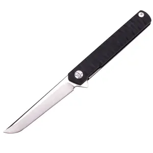 Samior ST386 Compact Slim Samurai Katana Style Folding Pocket Flipper Knife, 3.86 inches D2 Plain Tanto Blade, Black Slender Non-Slip G10 Handle Liner Lock, Tactical Camping Hunting EDC Knives