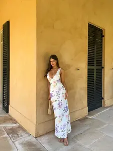 Women's V-Neck Sleeveless Dress, Colorful Floral Pattern Long Maxi Dresses, Casual Summer Fashion Clothing for Women