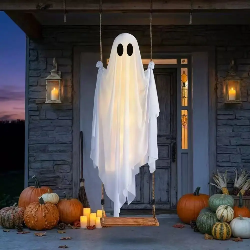 5FT Large Hanging Ghost Halloween Decoration with Remote-Controlled LED String Lights, Scary Swinging Ornament for Outdoor Trees, Porches, Yds, Gardens and Lawns