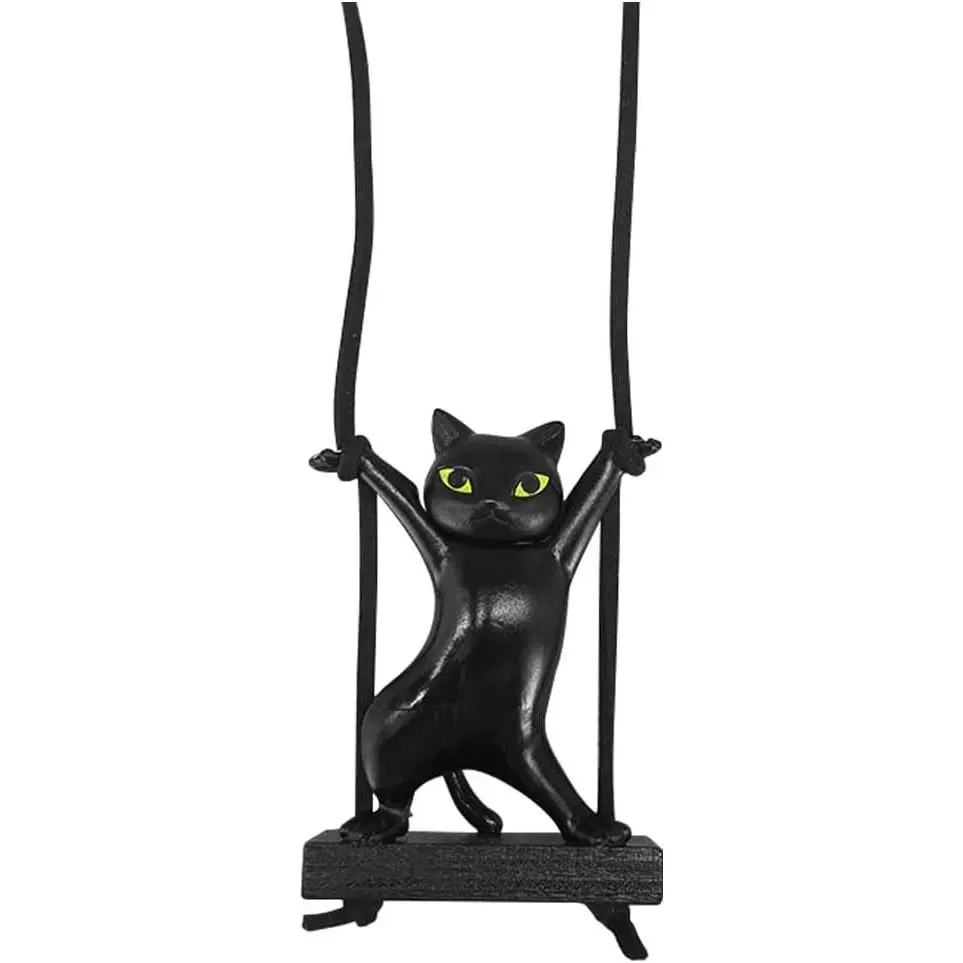 Cute Cat Car Hanging Ornament, Swing Rear View Mirror Charm, Auto Mirror Hanging Decoration, Car Interior Accessories Pendant for Women Men (Black)