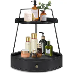 2 Tier Bathroom Counter Organizer, Wood Bathroom Organizer Countertop with Drawer, Corner Storage Shelf for Cosmetic Vanity Tray, Kitchen Spice Rack, Kitchen Organizer and Storage