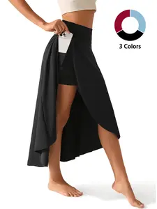 Women's 2-In-1 High Waist Split Sports Skirt With Inner Shorts Pockets Lightweight & Stretchy For Active Wear Casual Solid Color Sports Skort Women's Activewear Knitted Fabrics