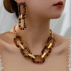 Fashionable Geometric Transparent Amber Leopard Print Necklace and Earring Set
