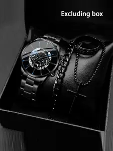 4pcs popular classic fashion men's calendar watch, sports steel strap watch, business set watch