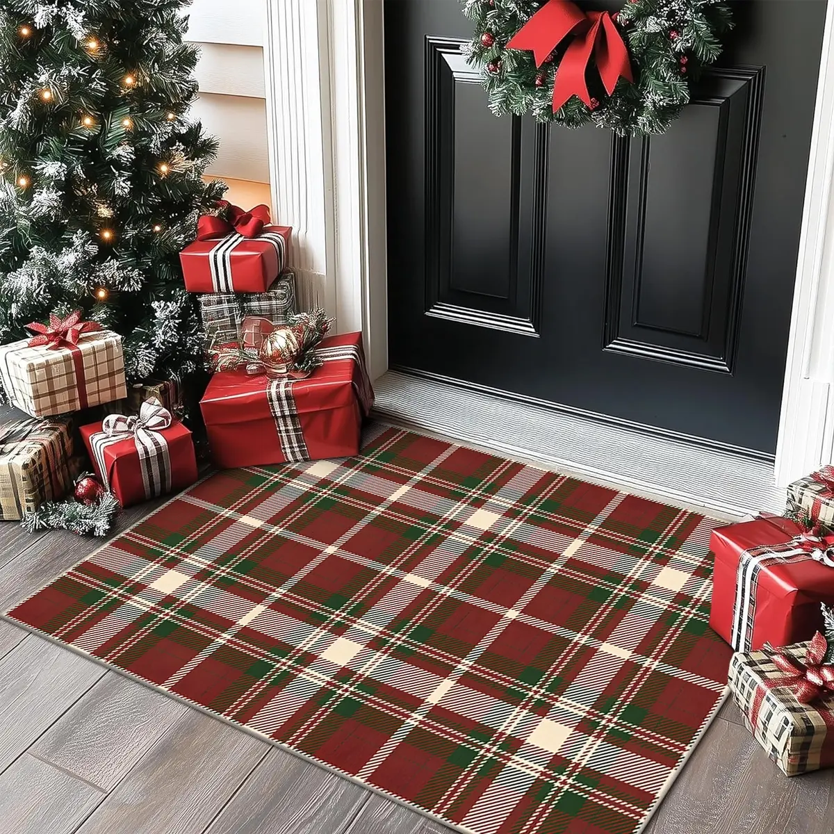 Christmas Door Mat, Vintage Plaid Rug, New Year Atmosphere Carpet, Scottish Style Christmas Decoration, Party Entrance Living Room Bedroom Bedside Bathroom Restroom, Checkered Rug, Decorative Mat