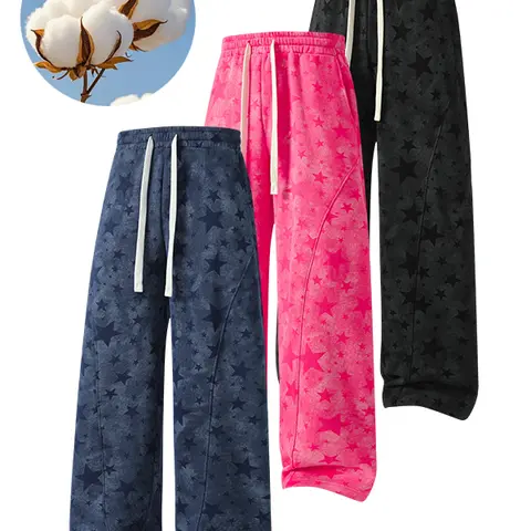 Men's All-Over Star Print High-Waist Wide-Leg Sweatpants - Loose  Polyester Fabric Menswear, Soft Breathable Baggy Casual Streetwear Trousers for Daily Outings