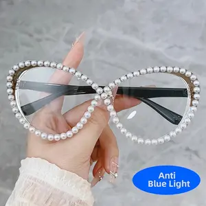 Diamond Accent Cat Eye Glasses Anti UV Blue Light Blocking Computer Eyewear Unisex Fashion Frames for Office Study Daily Wear
