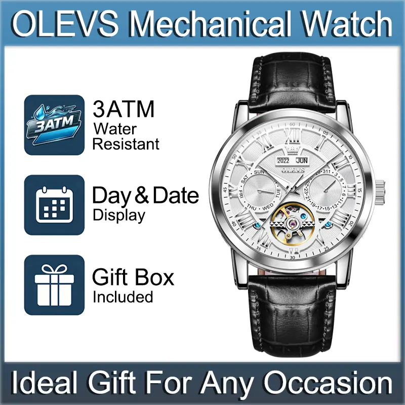 OLEVS 6668 Men Automatic Mechanical Watch, Premium Business Wristwatch, Multi-Function Dial with Classic Roman Numerals, Luminous Hands, Daily Splash Resistant Genuine Leather Watch, Ideal Gift for Men