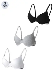 3-Pack Seamless Bras with "Love Life" Letter Band, Soft Underwire for Push-Up & Lift, Non-Slip Design for Stable Fit, Thin Top Thick Bottom Molded Cup, Skin-Friendly & Breathable, Ideal for Daily Commute and Sports Wear Underwear