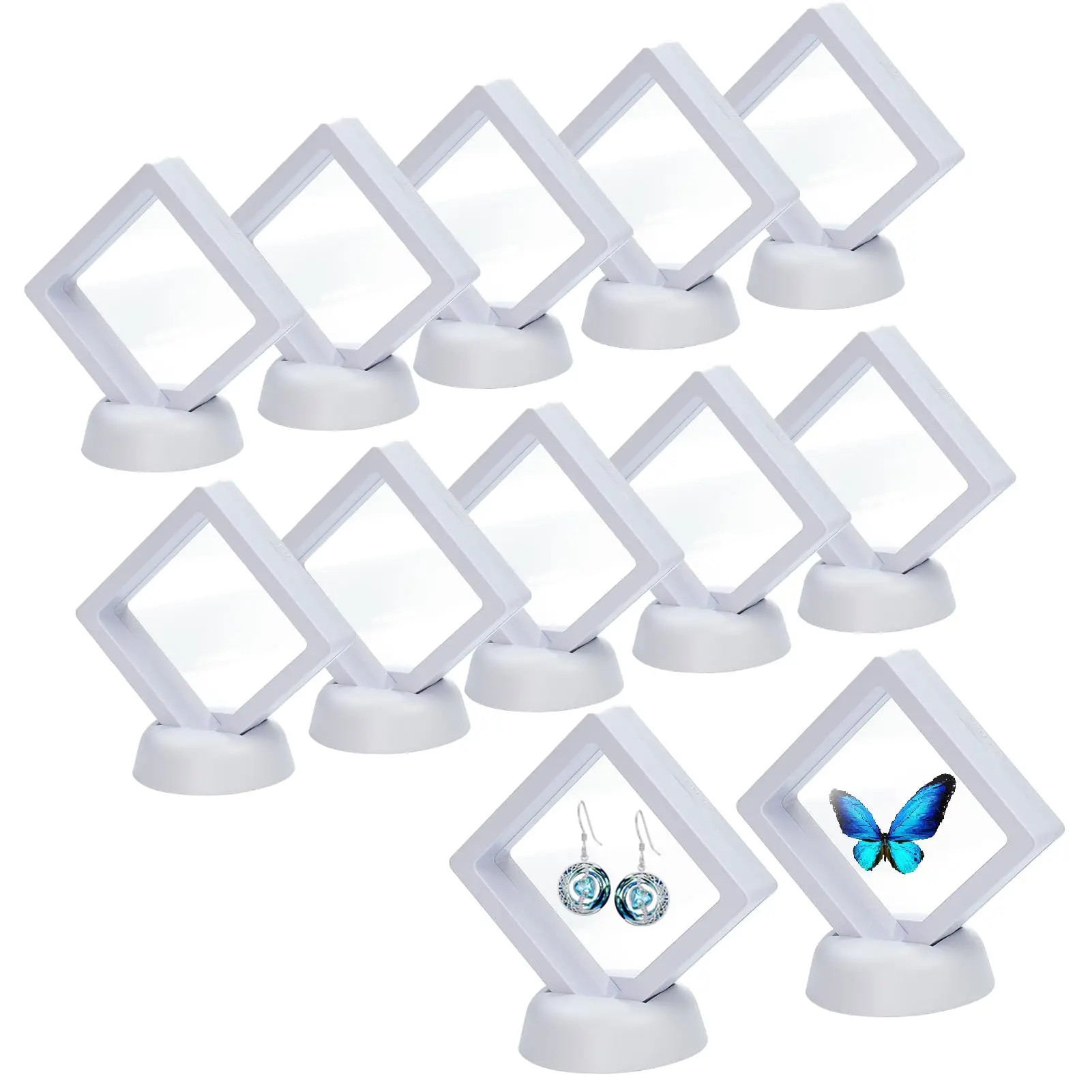 10Pcs 3D Floating Display Case with Stand, Clear Plastic Jewelry Storage Box, Multifunctional Frame, 3D Floating Coin Display Case Frame Stand for Gift Jewelry Challenge Coin Fossils Rocks, 2.7 x 2.7 x 0.8 Inches, Home Decor