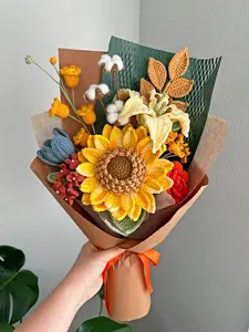 Christmas Gift! 100% handmade crochet flower bouquet: Sunflower, lily, rose, tulip. Vintage-inspired color. Perfect gift for Birthday, Mom, Home decor.