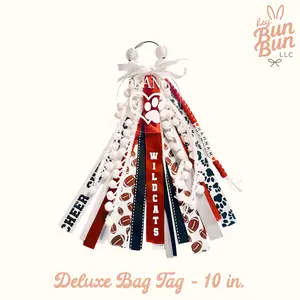 HeyBunBun LLC Deluxe Personalized Ribbon Bag Tags - 10 in. with Large Acrylic Disc, Team-Name Ribbon, Specialty Sport Ribbons, and Beaded Tassel Charm for Backpacks and Totes