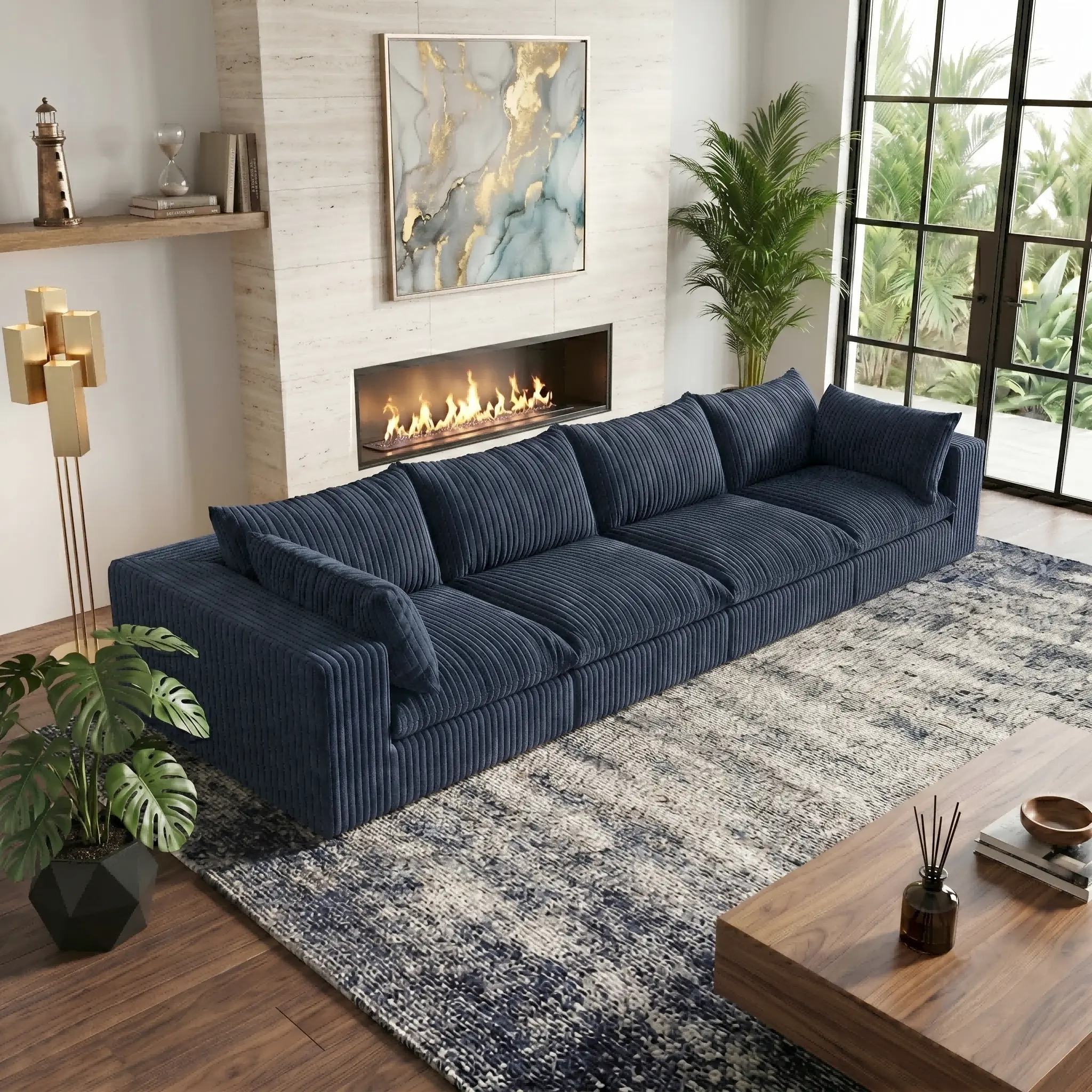 【3 Packages Shipping】Eyisean 157.6" Popular Boneless Sectional Couch with Ottoman, No Assembly Needed, Comfy Plush Corduroy Upholstered Cloud Sofa with Deep Seat, Removable & Washable Cushion, Oversized 4-Seater Modular Sectional Couches for Living Room