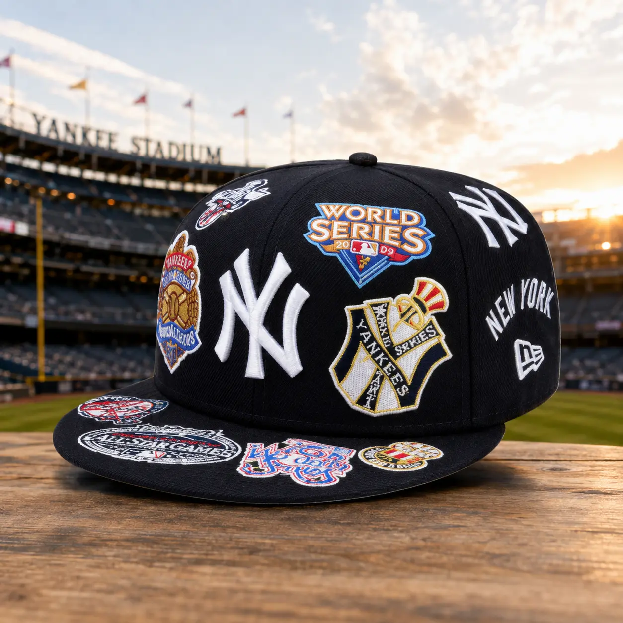 New York NY Patchwork Baseball Cap – Black Flat Brim Embroidered Hat with World Series Inspired Patches, Streetwear Style