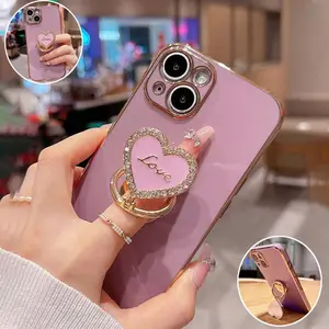 Foldable Heart Shaped Diamond Embedded Finger Ring Stand Aesthetic Phone Case, Shockproof Phone Protective Cover, Phone Accessories for iPhone 16 Pro Max 15 Pro Max