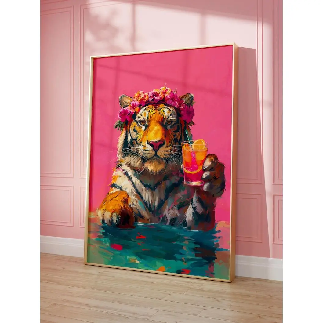 Maximalist Tiger With Cocktail Digital Single Print Oil Painting - Colorful Eclectic Trend Home Inspo Wall Art, Vivid Burst Colors Kitsch Home Decor, Kitchen-Living Room Statement Piece Artwork