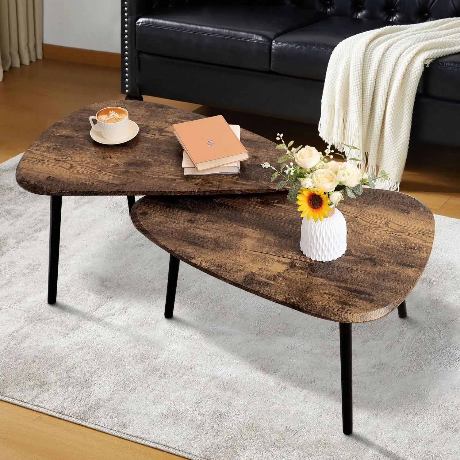 2-Piece Nesting Coffee Tables, Triangular Stackable Side Tables with Wooden Bamboo Legs, Minimalist Design for Living Room, Small Spaces & Apartments, Coffee Table