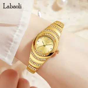 Minimalist Gold Wristwatch, Curved Design & Polished Bangle Strap