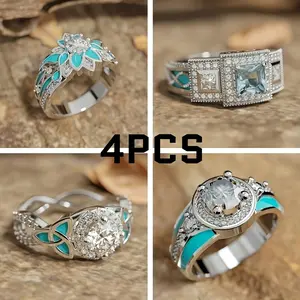 [Luxury Turquoise Ring] 4pcs Luxury Bohemian Style Women's Fashion Turquoise Ring - Classic Engagement Wedding Imitation Zirconia Ring - Perfect Daily Fashion Matching Jewelry Accessories Gifts for Girlfriend and Lover