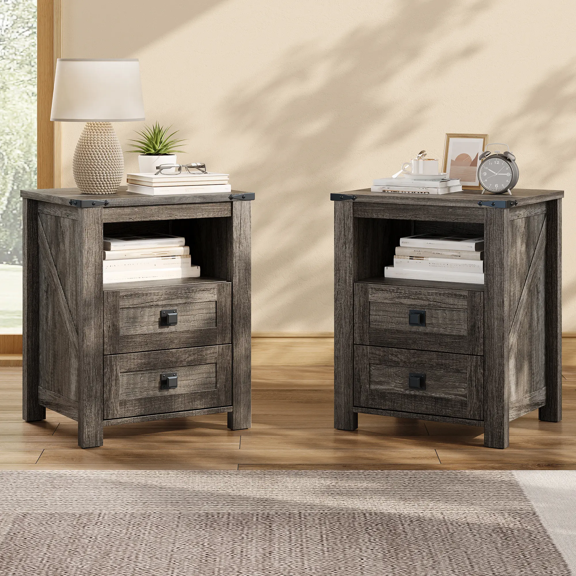 [SummerSale]VanAcc 18" Farmhouse Nightstand Set of 2, Wooden Bedside Table with 2 Drawers & Open Shelf, Rustic End Table for Bedroom/Living Room