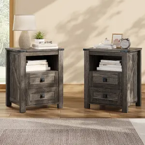 AMERLIFE 18" Farmhouse Nightstand Set of 2, Wooden Bedside Table with 2 Drawers, Open Shelf, Rustic End Table for Bedroom, Living Room