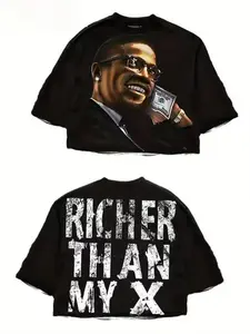 Men's Oversized Black Graphic T-Shirt with 'RICHER THAN MY X' Distressed Back Print - Suit & Money Front Design, Loose Fit Casual Streetwear, Humorous Wealth Statement Tee