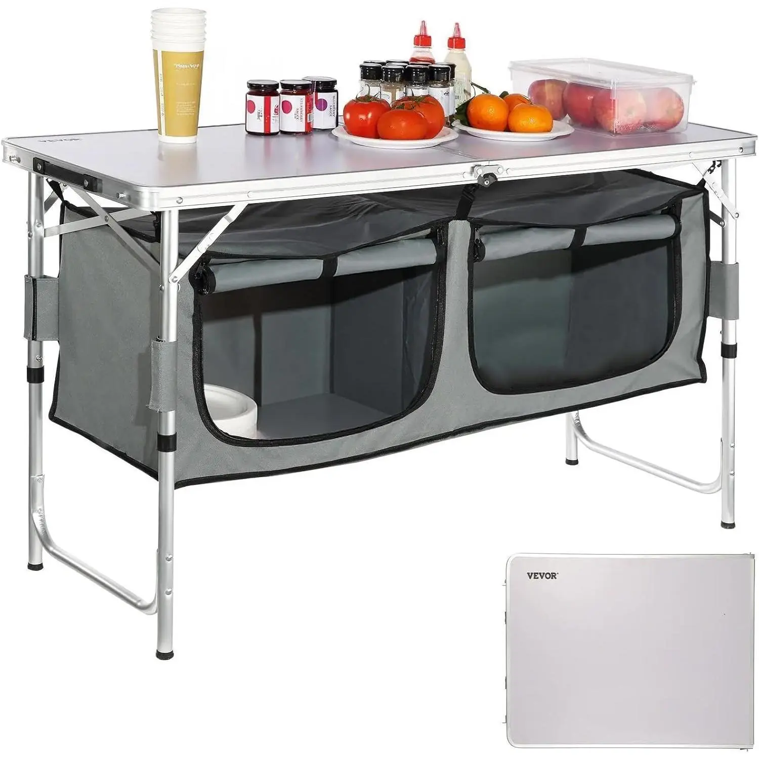 Folding Camping Kitchen Station - 3 Adjustable Height Outdoor Camp Cooking Table with Storage Organizer, Quick Set-Up for Camping BBQ Glamping, Ideal for Camping Foods Ideas Gifts