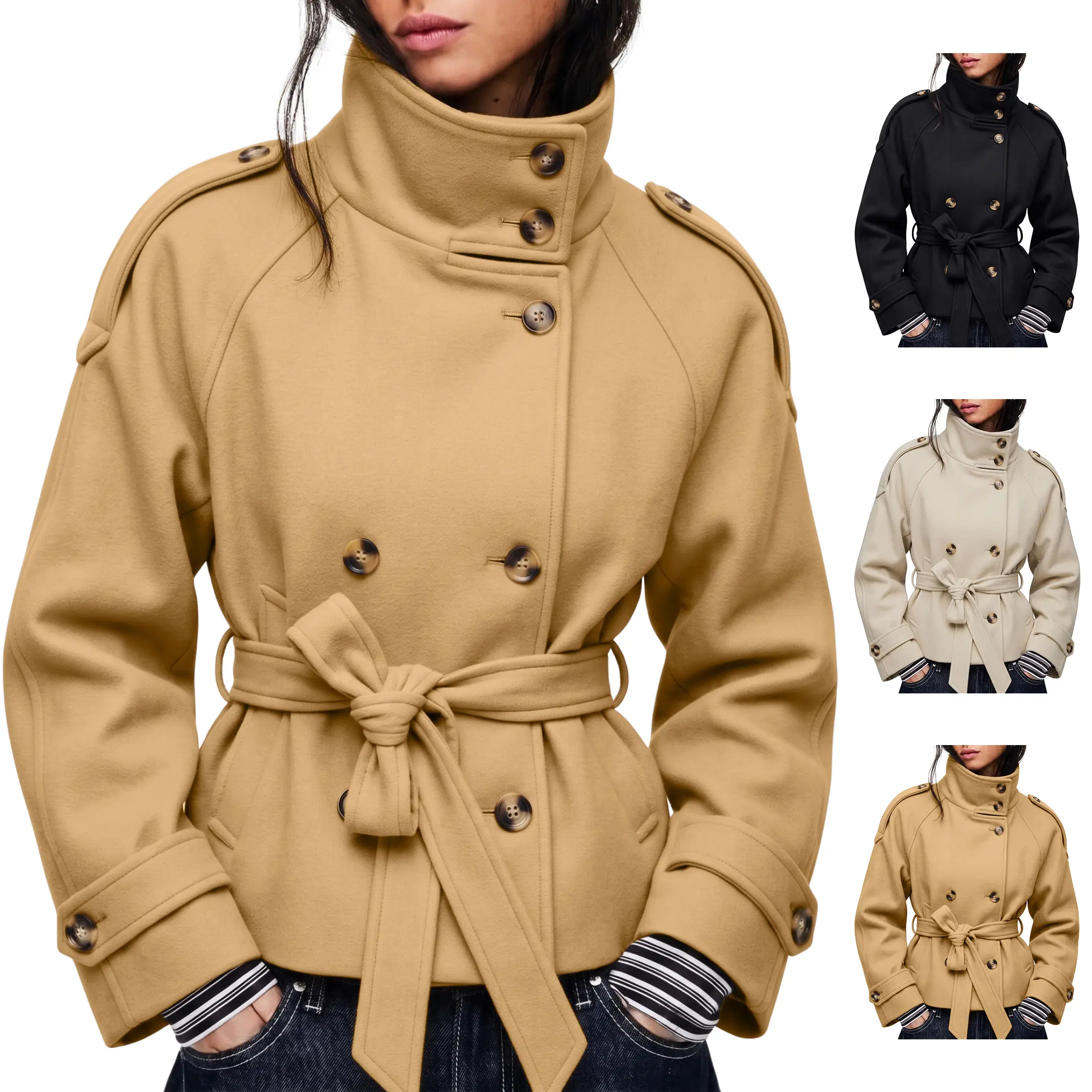 JovenPara Women's Cropped Pea Coat  Wool Blend Double Breasted Short Jacket High Collar Fall Winter Coats Trendy Outfit with Belt