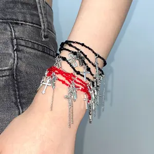 Gothic Cross Charm Bracelet Stack, Layered Black & Red Beaded Chains with Silver Cross and Tassel Dangles, Edgy Multi-Strand Set for Alternative Styling