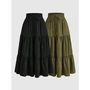 Women's 2-Piece Basic Casual Set - Fitted Long Ruffled Layered Skirt, Lightweight Thin Woven Plain Fabric, Drawstring Design, All-Seasons Women's Clothes, Machine Washable & Dry Clean Skirts