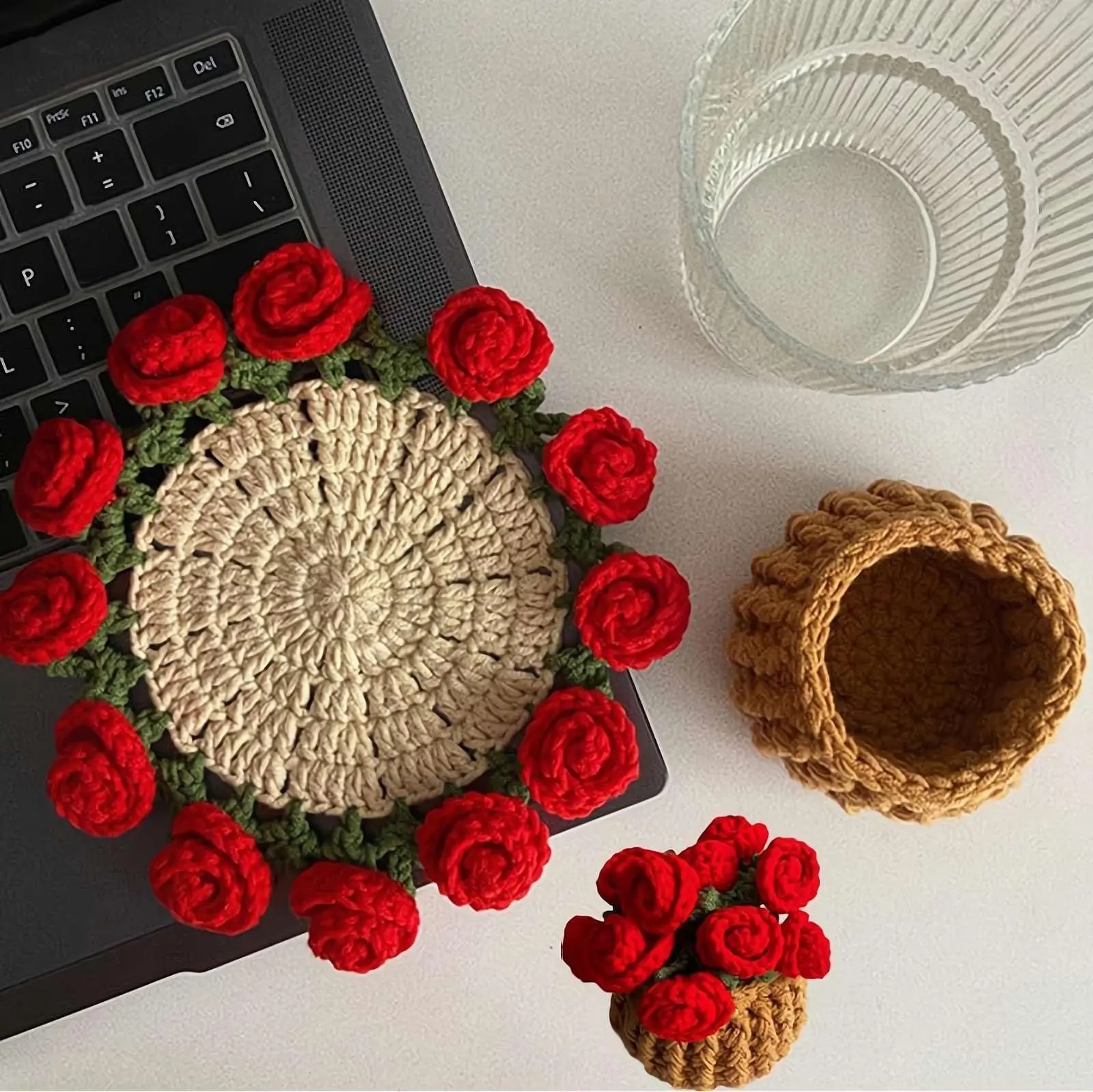 Handmade Crochet Rose Coasters Set - Coffee Table Mat, Aesthetic Kitchen Home Decoration, Flower Basket-Designed Mini Blanket Bouquets for Holiday Gifts (Pet Supplies Compatibility Note: Versatile Accent for Pet-Friendly Spaces)